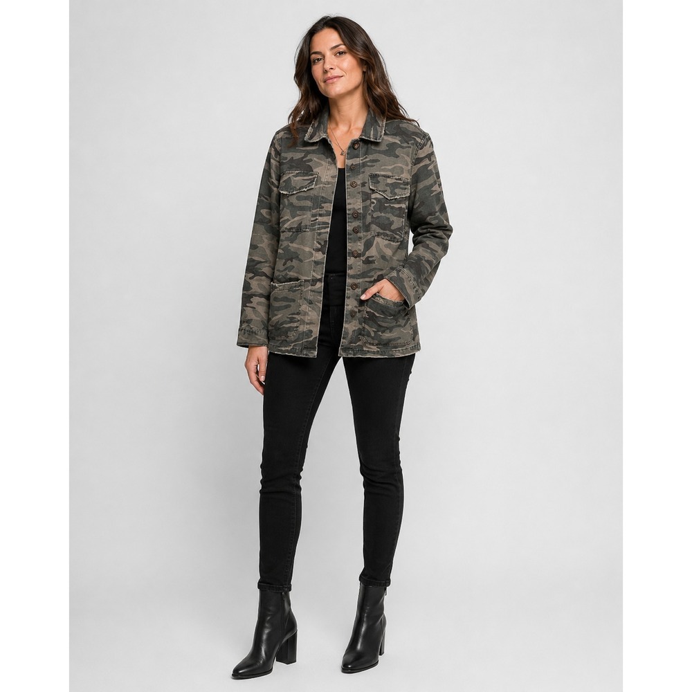 Lulus Button Front Shirt Jacket Womens Small Army‎ Green Camo Print Cotton NWOT